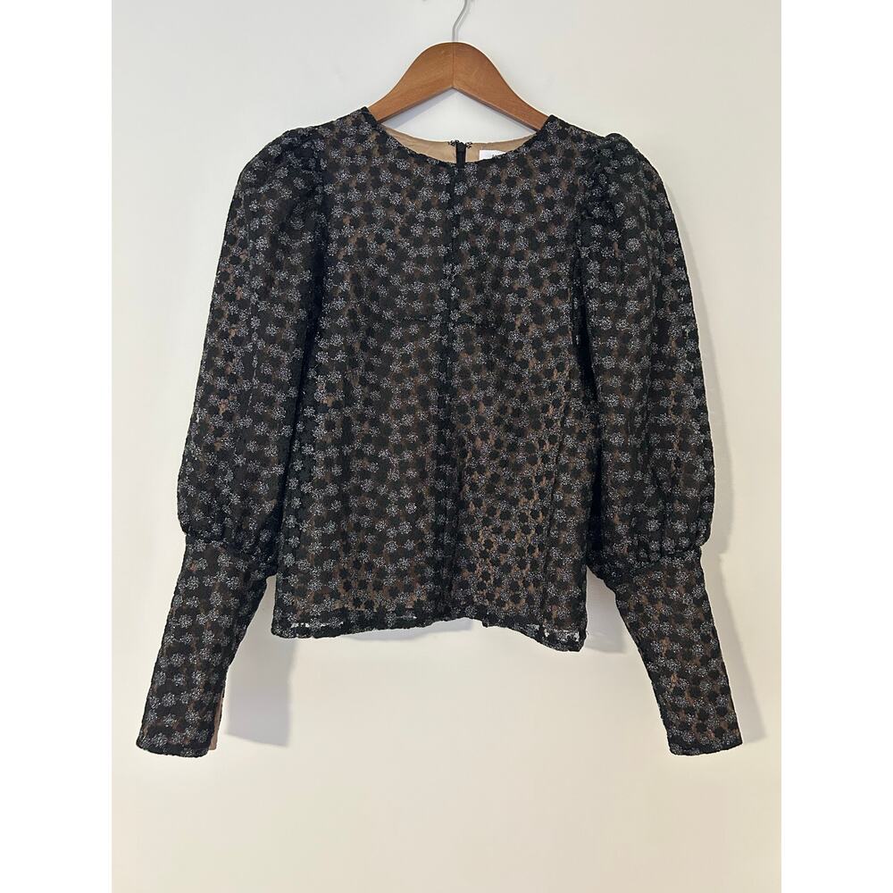 Samsoe Samsoe Pimo Blouse Black Floral Nude Overlay Bubble Long Sleeves EUC S